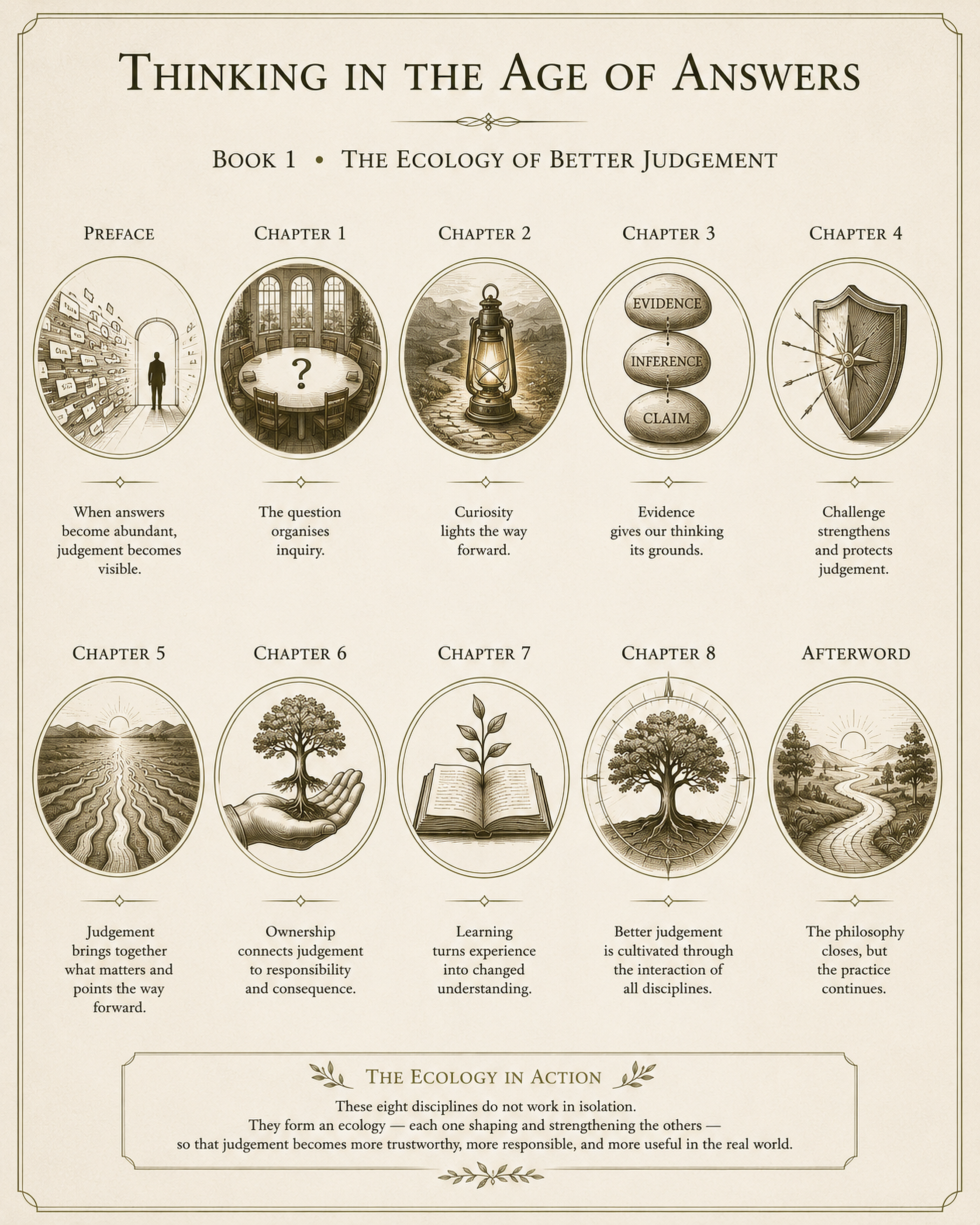 Overview sheet for Book 1 showing the chapter journey across the ecology of better judgement.